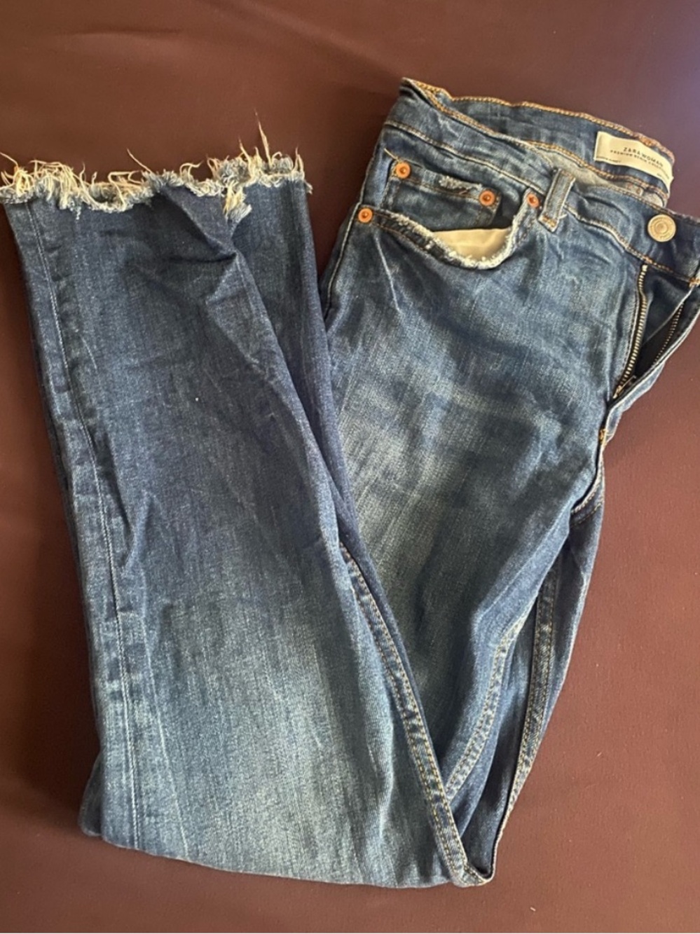 Zara Medium Blue Straight-Leg Frayed-Hem Jeans